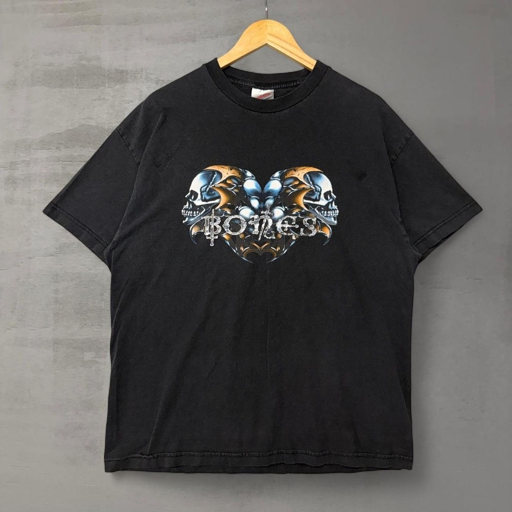 Vintage Powell Bones Y2K Faded‎ Black Cyber Goth Skateboard Tee Shirt XL
